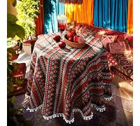 SUTAVIA Red Boho Tablecloth Pompom Tassel Table Cloths Exquisite Bohemian Table Cover Rustic Farmhouse Table Cover for Home Holiday Banquet Dining Room Decor(Red, 60" Round)