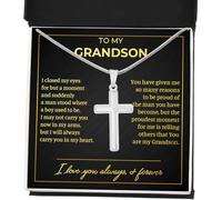 SUTERY To My Grandson Necklace from Grandma, Cross Chain with Message Card and Gift Box, Meaningful Gift for Grandson on Birthday or Christmas, Stainless Steel, No Gemstone