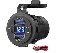 SUTNSCW Dual QC 3.0 + 1PD USB Car Charger, 12V USB Outlet with Voltmeter and Power Switch, 36W, 3-Port, Fast Charging, Compatible with Car, Boat, Marine, Truck