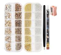 SUTOKAKA 2 Boxes Champagne Gold Nail Rhinestones with Half Round Gold Silver Metal Beads for DIY Nail Art Mixed Shape Diamond Jewel Beads Micro Nail Studs Caviar Bead for Manicure Supplies