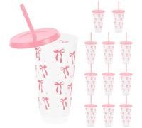 Sutowe 12 Pcs Bow Plastic Cups with Lids and Straws 24 oz Reusable Bow Flower Girl Cup Smoothie Cup Cute Drinking Coffee Tumbler for Birthday Wedding Party Supplies(Translucent Powder)