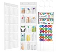 Sutowe 2 Pcs Classroom Headphone Organizer with 30 Pockets, PVC Clear Classroom Pocket Chart with 6 Hooks and Stickers, The Door Hanging Headphone Storage for Home School Office Dormitory