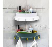 Sutowe 2Pcs Corner Shower Shelf Wall Mounted Shower Basket 360° Rotating Lazy Susan Storage Self Adhesive Shower Organizer Caddy with 10 Hooks for Bathroom Kitchen Dorm