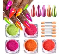 SUTOZMIWE Neon Nail Pigment Powder, 5 Colors Metallic Mirror Effect Chrome Nail Powder, Gradient Iridescent Nails Design Rubbing Dust Manicure Glitter Kit for Nail Art Decoration Home DIY Salon Use
