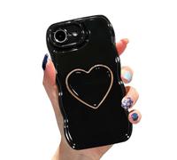 Sutpstmt for iPhone 16e/17e Cute Case Curly Wavy Frame with Stand Black | Soft TPU Love Heart Holder Kickstand Shockproof Protective Phone Case for Girls Women