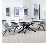 Sutton Dining Set - 4-8 Seater - 140cm-200cm - Extending - White Ceramic - Arctic Dining Chairs - Grey Velvet Fabric - Swivel