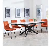Sutton Dining Set - 4-8 Seater - 140cm-200cm - Extending - White Ceramic - Corona Dining Chairs - Orange Fabric