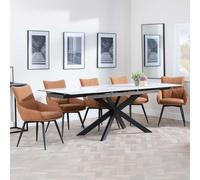 Sutton Extending Dining Set - 6-8 Seater - 140cm-200cm - White Ceramic - Ace Dining Chairs - Orange Fabric - Swivel