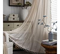 Sutuo Home Beige Boho Curtains Crochet Lace Semi-Sheer Bohemian Hollow Knitted Handmade Tassels, Rod Pocket Window Treatment Vintage Rustic Farmhouse Drapes for Glass Slide Door, 1 Panel 59" W x 90" L