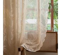Sutuo Home Beige Lace Curtains 90 Inches Long, Leaf Embroidery Window Sheer Drapes Pair, Rod Pocket Vintage Country Window Treatments Set of 2 Panels for Bedroom Living Room, 57" W x 90" L