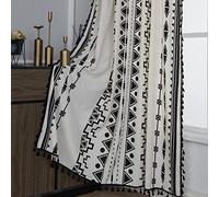 Sutuo Home Black and White Boho Curtain 84 Inches Length for Bedroom, Printed Cotton Linen Geometric Rod Pocket Chic Semi Blackout Bohemian Tassels Window Treatment, 1 Panel 59" W x 84" L