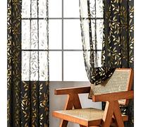 Sutuo Home Black Sheer Curtains 84 Inches Long 2 Panels Set, Luxury Gold Foil Printed Metallic Bronzing Vine Leaves, Privacy Window Treatment Decor Drape Pair for Bedroom Dinning Room, 52" W x 84" L