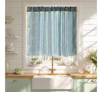 Sutuo Home Blue Boho Curtain 52W x 36L inch White Striped Light Filtering Short Valance Tier, 1 Panel Embroidery Bohemian Farmhouse Country Kitchen Window Treatment Decor for Small Closet