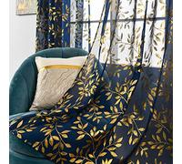 Sutuo Home Blue Sheer Curtains 84 Inch Length 2 Panels Set, Luxury Gold Foil Printed Metallic Bronzing Leaves, Privacy Window Treatment Decor Drape Pair for Bedroom Dining Room, 52" W x 84" L, Navy