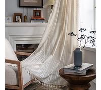 Sutuo Home Boho Curtain Crochet Lace Semi-Sheer Florals Hollow Knitted Handmade Tassels, Rod Pocket Window Treatment Vintage Rustic Farmhouse Drapes for Living Bedroom, 1 Panel 59" W x 84" L, Beige