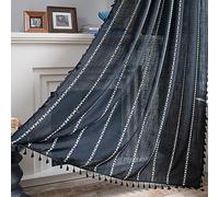 Sutuo Home Boho Curtain for Bedroom, Semi Blackout Linen Farmhouse Shabby Chic Tassels Window Treatment Bohemian Embroidery Drape for Halloween Decor, Rod Pocket 1 Panel 52" W x 84" L, Black