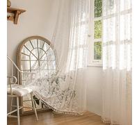 Sutuo Home Boho Curtains 2 Panels 63 Inches Length, Window Treatments Bohemian Embroider Sheer Crochet Lace Vintage Drapes Pair, Country White Florals Knitted Handmade Tassels Rod Pocket, 52" x 63"