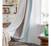 Sutuo Home Boho Curtains 63 inches for Kitchen Bedroom, Semi Blackout Linen Farmhouse Tassels Window Treatment Bohemian Embroidery Drape, Rod Pocket 1 Panel 52" W x 63" L, Brown Blue Striped Linen