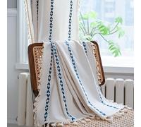 Sutuo Home Boho Curtains 84 inches for Bedroom Living Room, Semi Blackout Farmhouse Vintage Tassels Window Treatment Bohemian Embroidery Drape, Rod Pocket 1 Panel 52" W x 84" L, White and Navy Blue