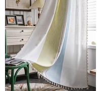 Sutuo Home Boho Curtains 90 inches for Bedroom Living Room,Bohemian Embroidery Drape Semi Blackout Farmhouse Window Treatment with Tassels, Rod Pocket 1 Panel 52" W x 90" L, Green Blue Striped Linen