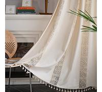Sutuo Home Boho Curtains Crochet Lace Patchwork Semi-Blackout Bohemian Handmade Tassels, Rod Pocket Window Treatment Vintage Rustic Farmhouse Drapes for Living Bedroom, 1 Panel 59" W x 84" L, Beige