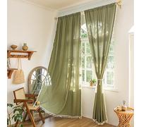 Sutuo Home Boho Curtains for Bedroom 84 Inches Long, Bohemian Linen Textured Curtains with Tassels, Semi Blackout Farmhouse Drapes, Rod Pocket Window Treatments 2 Panels, 52" x 84", Olive Green