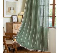Sutuo Home Boho Curtains for Bedroom Dining Room, Semi Blackout Linen Farmhouse Vintage Chic Tassels Privacy Window Treatment Bohemian Embroidery Drape, Rod Pocket 1 Panel 52" W x 96" L, Olive Green