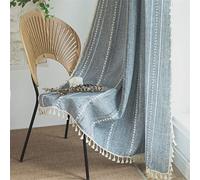 Sutuo Home Boho Curtains for Bedroom Living Room Kitchen, Semi-Blackout French Country Farmhouse Vintage Linen Shabby Chic Tassels Hollow Window Treatment Bohemian Drape, 1 Panel 52" W x 63" L, Blue