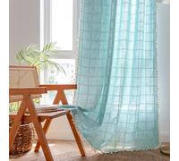 Sutuo Home Boho Curtains for Kitchen Nursery Kid's Room,Bohemian Semi Blackout Plaids Linen Privacy Farmhouse Tassels Window Treatment Embroidery Drape, Rod Pocket 1 Panel 52" W x 63" L, Aqua Blue