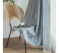 Sutuo Home Boho Curtains for Living Room 90 Inches Long, Semi-Blackout French Country Striped Linen Vintage Shabby Chic Tassels Hollow Window Treatment Bohemian Drape, 1 Panel 52" W x 90" L Blue