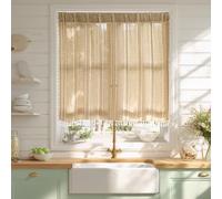 Sutuo Home Boho Curtains Valance Tier 36 inch for Cafe Kitchen Doorway Closet, Short Linen Farmhouse Chic Tassels Window Treatment Bohemian Embroidery Drape Rod Pocket 1 Panel 52" W x 36" L, Natural