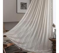 Sutuo Home Boho Lace Curtains for Kitchen Bedroom,Bohemian Crochet Sheer Cotton Tassels Knitted Window Treatment Geometry Country Vintage Rustic Drape Rod Pocket 1 Panel 59" W x 72" L, Beige Wave