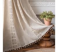 Sutuo Home Boho Linen Curtains for Kitchen Bedroom, Bohemian Semi Sheer Crochet Hollow Lace Patchwork with Textured Fabric Vintage Chic Handmade Tassels Rod Pocket Window Drapes, 59"W x 63"L, 1 Panel