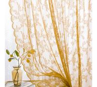 Sutuo Home Gold Lace Curtains Set of 2, Sheer Panels 63 Inch Length Floral Embroidery Vintage Voile Window Treatment Pair for Bedroom Living Room Kitchen, Shabby Chic Decor Rod Pocket, W57 x L63