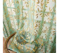Sutuo Home Green Sheer Curtains 72 Inch Length 2 Panels Set, Gold Foil Print Metallic Bronzing Leaves, Privacy Voile Window Treatment Decor Drape Pair for Bedroom Nursery Room 52" W x 72" L