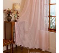 Sutuo Home Lace Sheer Boho Curtains for Bedroom Dining Room, Soft Plush Pink Bohemian Crochet Tassels Farmhouse Window Curtains Drapes Vintage Chic Decor, Rod Pocket 1 Panel 59" W x 96" L, Light Pink