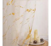 Sutuo Home Marble Sheer Curtains 72 Inch Long 2 Panels Set, Gold Print Metallic Bronzing, Privacy Window Treatment Abstract Golden Drape Christmas Pair for Bedroom Living Room 52" W x 72" L, Cream