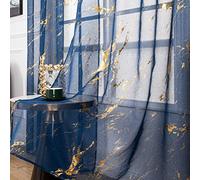 Sutuo Home Marble Sheer Curtains 96 Inches Long, Gold Foil Print Metallic Bronzing, Privacy Window Treatment Abstract Drape Pair 2 Panels Set for Bedroom Kitchen Living Room 52" W x 96" L, Navy Blue