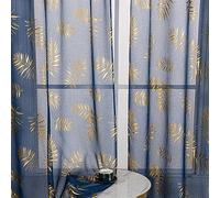 Sutuo Home Navy Blue Sheer Curtains 96 Inches Long 2 Panels Set, Gold Foil Print Metallic Bronzing Tropical Leaves, Window Treatment Decor Drape Pair for Bedroom Living Room 52" W x 96" L