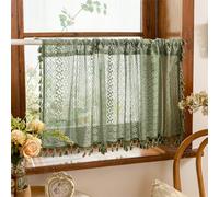 Sutuo Home Olive Green Boho Window Curtains Valance 18 inches Long 2 Panels, Farmhouse Lace Sheer Closet Decor Crochet Privacy Vintage Bohemian Tassels Retro Small Kitchen Curtains Rod Pocket, 50" W
