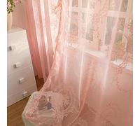 Sutuo Home Pink Lace Curtains 96 Inches Long 2 Set, Sheer Panels Rose Floral Embroidery Ruffled Vintage Voile Window Treatment Pair for Girl's Bedroom Living Room, Rod Pocket, W57 x L96