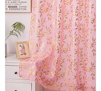 Sutuo Home Pink Sheer Curtains 84 Inches Long 2 Panels Set, Gold Foil Print Metallic Bronzing Leaves, Privacy Voile Window Treatment Decor Drape Pair for Girl's Bedroom Kid Nursery Room 52" W x 84" L