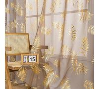 Sutuo Home Taupe Sheer Curtains 96 Inches Long 2 Panels Set, Gold Foil Print Metallic Bronzing Tropical Leaves, Window Treatment Decor Drape Pair for Bedroom Living Room 52" W x 96" L