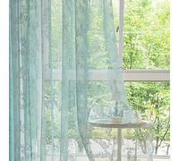 Sutuo Home Teal Lace Curtains, 96 Inch Long, Set of 2, Sheer Panels, Pink Floral Embroidery, Vintage Window Decor, 1 Pair for Bedroom, Living Room, Country Style