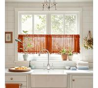 Sutuo Home Terracotta Boho Short Curtains for Kitchen Window Curtains Over Sink, Burnt Orange Crochet Privacy Farmhouse Lace Sheer Vintage Tassels Retro Halloween Rod Pocket,2 Panels 50" W x 18" L
