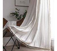 Sutuo Home White Boho Curtains 63 Inches Long for Kitchen Nursery, Light Filtering Shabby Chic Tassels Farmhouse Ivory Window Treatment Hollow Stripes Bohemian Embroidery Drape 1 Panel 52" W x 63" L