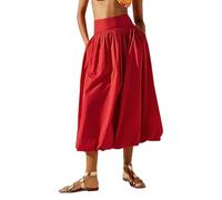 Sutusu Women Y2k Bubble Maxi Skirt Summer Elastic Low Waist A Line Long Skirt Casual Fairy Ruffle Pleated Midi Dress, Red, M