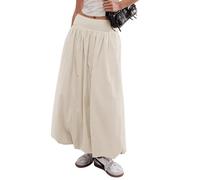 Sutusu Women Y2k Bubble Maxi Skirt Summer Elastic Low Waist A Line Long Skirt Casual Fairy Ruffle Pleated Midi Dress, Beige, XL