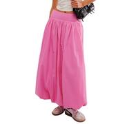 Sutusu Women Y2k Bubble Maxi Skirt Summer Elastic Low Waist A Line Long Skirt Casual Fairy Ruffle Pleated Midi Dress, Pink, XL