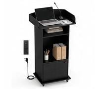 Suuiwau Lectern Stand with Charging Station & Lockable Wheels, Black | Mobile Podium Stand with 2 Open Storage & 1 Cabinet, Reception Desk, Laptop Workstation for Conference School Hall Workshop